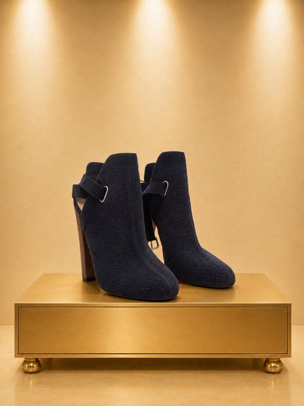 Navy Suede Perforated Slingback Bootie Block Heel Cutout Crown & Ivy Hadlee 8.5M